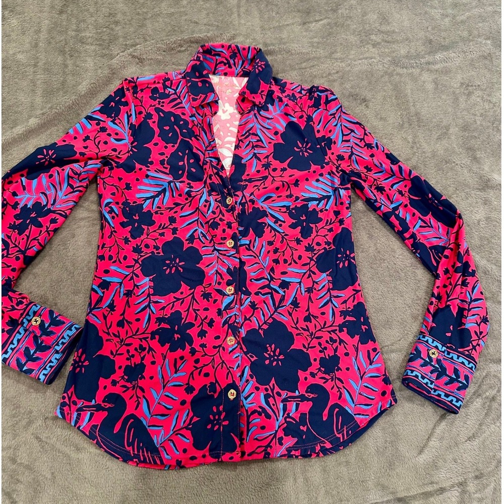 Lilly Pulitzer Button Up Chilly Lilly Marlena Shirt Women XS Pink Navy EUC